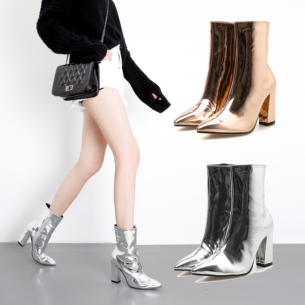Patent Leather Shiny Pointed Toe Thick High Heel Boots Women Boots