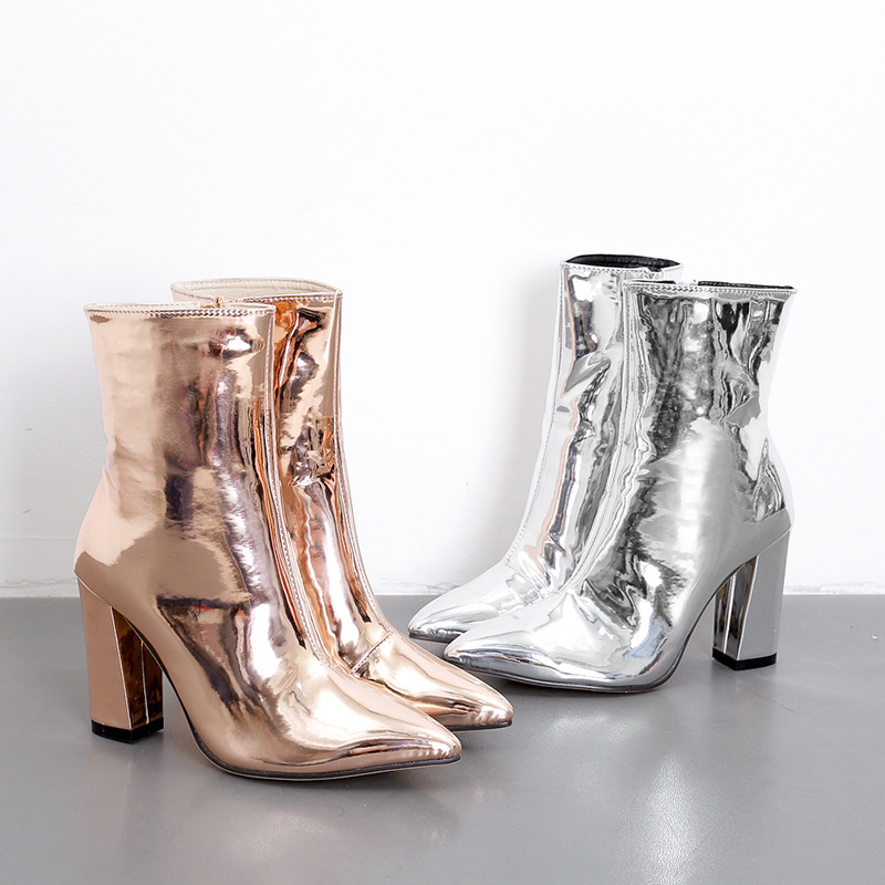 Patent Leather Shiny Pointed Toe Thick High Heel Boots Women Boots