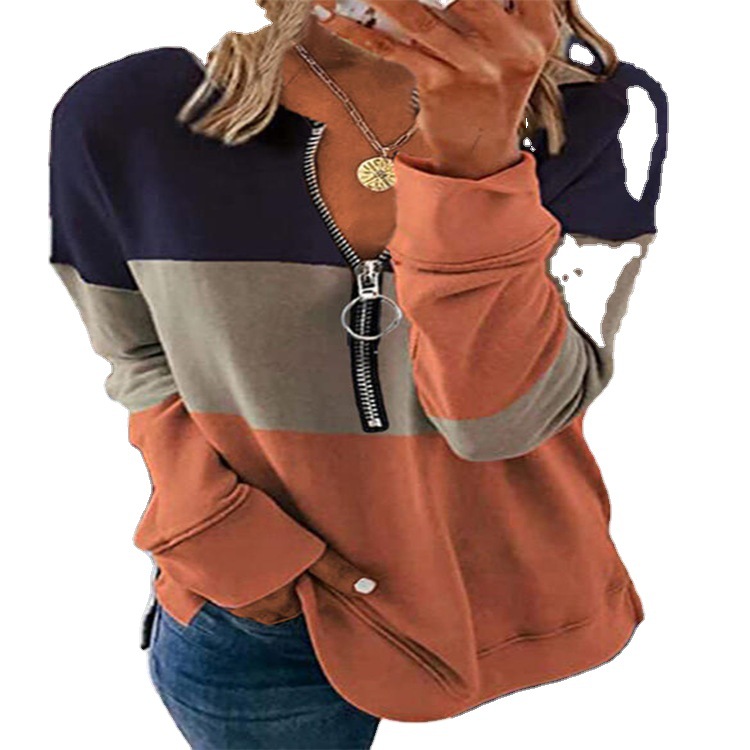 Contrasting Color Round Neck Zipper Long Sleeve Sweater