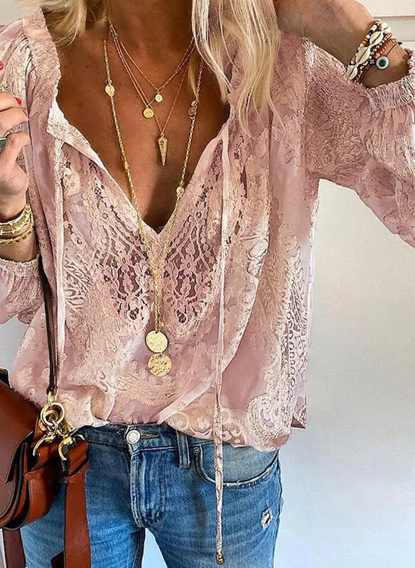 All Match Short Lace Stitching Long Sleeved T Shirt Pink - Shop at LoveMi