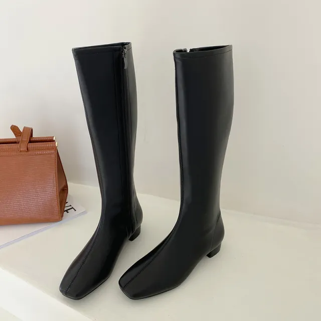 Knight Boots Shoes Flat Heel Knee Zipper Winter Casual Women Long for Round Toe Black - Shop at LoveMi