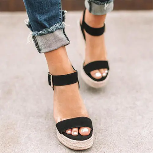 Fish Mouth Sandals With Trifle Sole Wedge Belt Buckle Black - Shop at LoveMi
