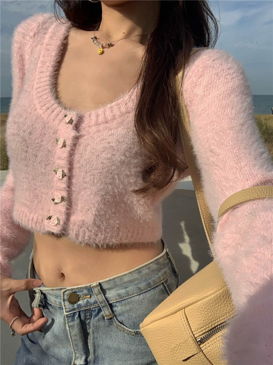 French Sweet Mohair Sweater Women Cardigan