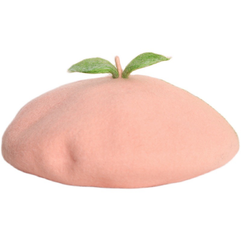 Skinny Home Handmade Wool Felt Beret With Peach Leaf