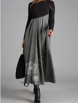 v-Neck Long-Sleeved Print Stitching Woolen Dress