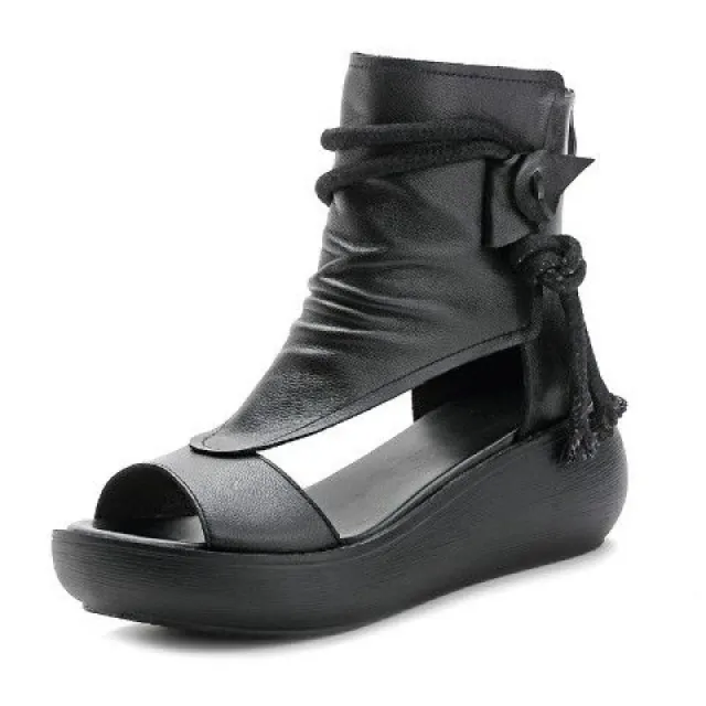 New High Top High Slope Heel Sandals Soft Leather Platform Fish Mouth Sandals Black - Shop at LoveMi