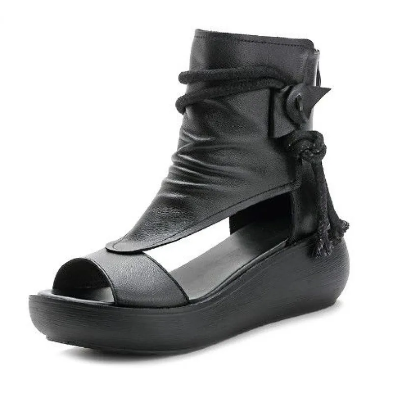 New High Top High Slope Heel Sandals Soft Leather Platform Fish Mouth Sandals - Black