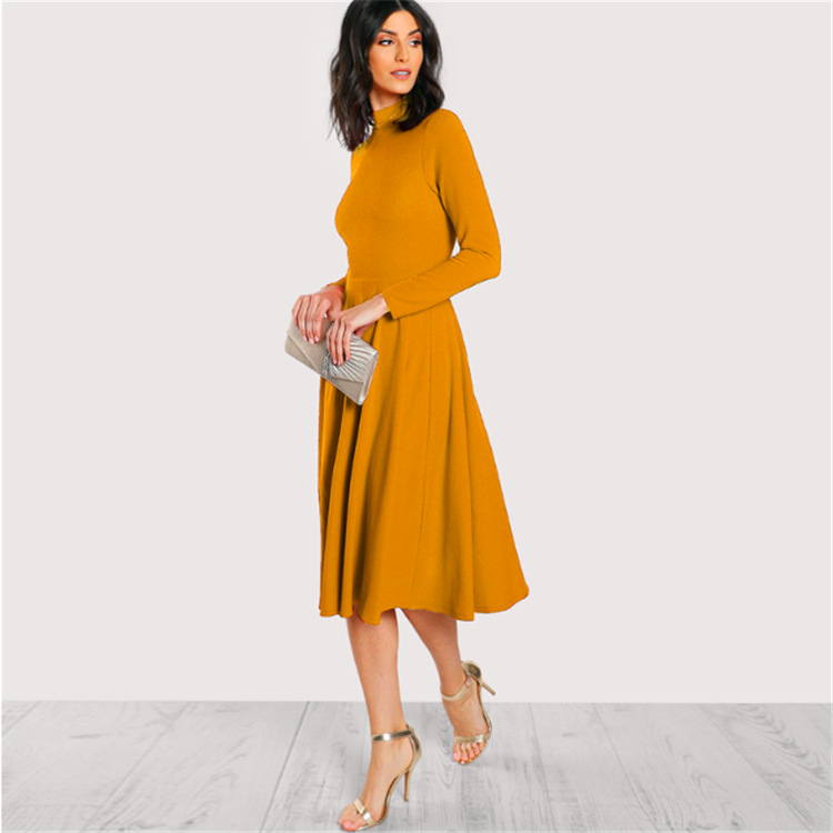 Solid Color High-necked Long-sleeved Mid-length Dress