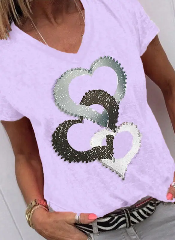 Printed Pullover Loose Short Sleeve V Neck Women's Top Purple - Shop at LoveMi