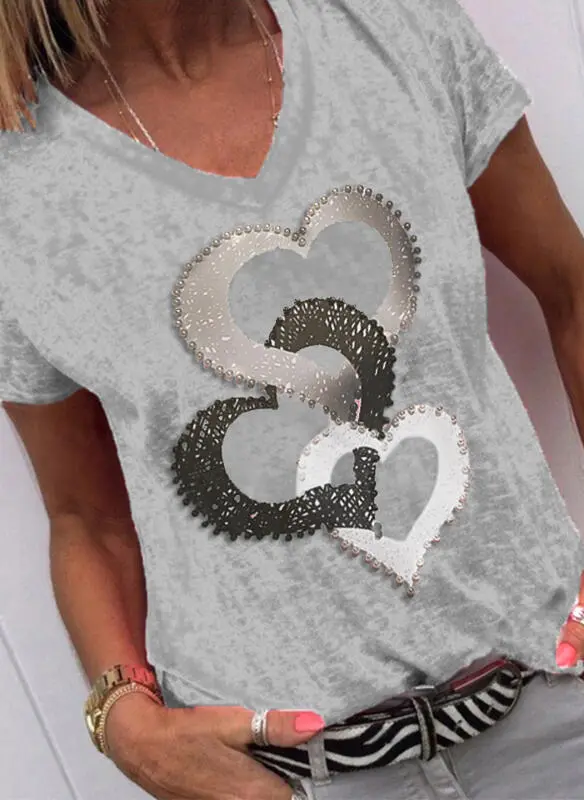 Printed Pullover Loose Short Sleeve V Neck Women's Top Grey - Shop at LoveMi