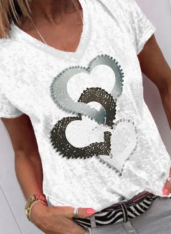 Printed Pullover Loose Short Sleeve V Neck Women's Top White - Shop at LoveMi
