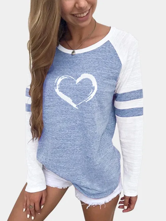 Love Print Stitching Color Matching Round Neck Long Sleeves Blue - Shop at LoveMi