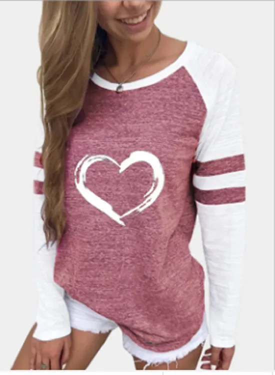 Love Print Stitching Color Matching Round Neck Long Sleeves Pink - Shop at LoveMi