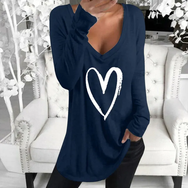 Long Sleeve V Neck Heart Printed Casual Top T Shirt Navy - Shop at LoveMi