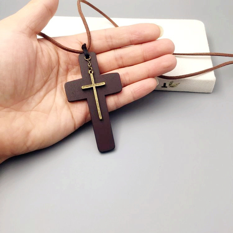 Retro Double Layer Wood Cross Necklace Men's And Women's Long Sweater Chain
