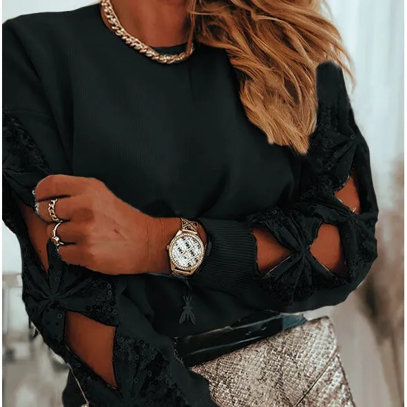 Embroidered Sequin Stitching Long Sleeved T Shirt Black - Shop at LoveMi