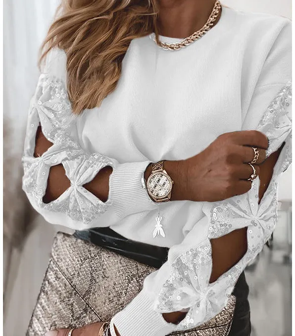 Embroidered Sequin Stitching Long Sleeved T Shirt White - Shop at LoveMi