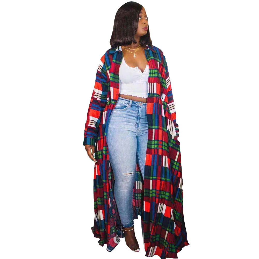 Plaid Print Double-breasted Lapel Long Coat Women