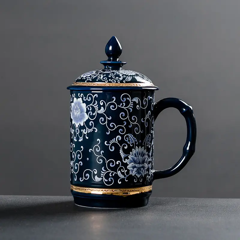 High-end Hand-Painted Gold Enamel Color Large Filter Office Cup With Lid