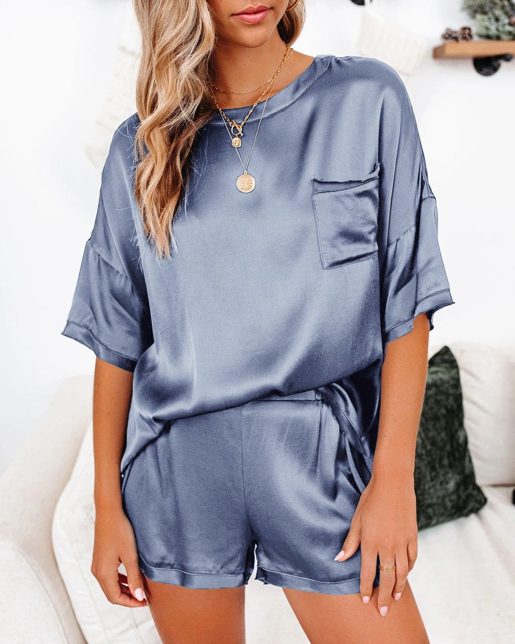 طقم بيجاما حرير منزلي بأكمام قصيرة وشورت