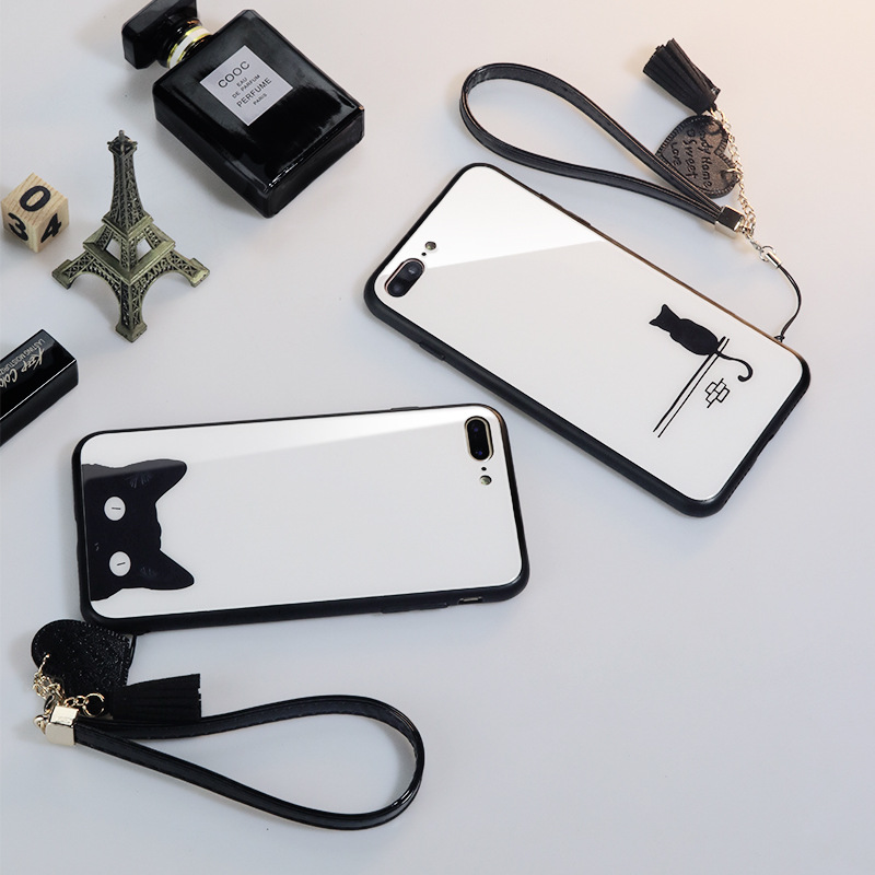 Compatible with Apple , Suitable For Mobile Phone Case Glass Cartoon Cat For Men And Women
