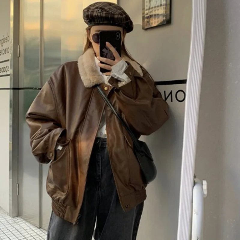 Women's Fashion Retro Leather Warm Jacket