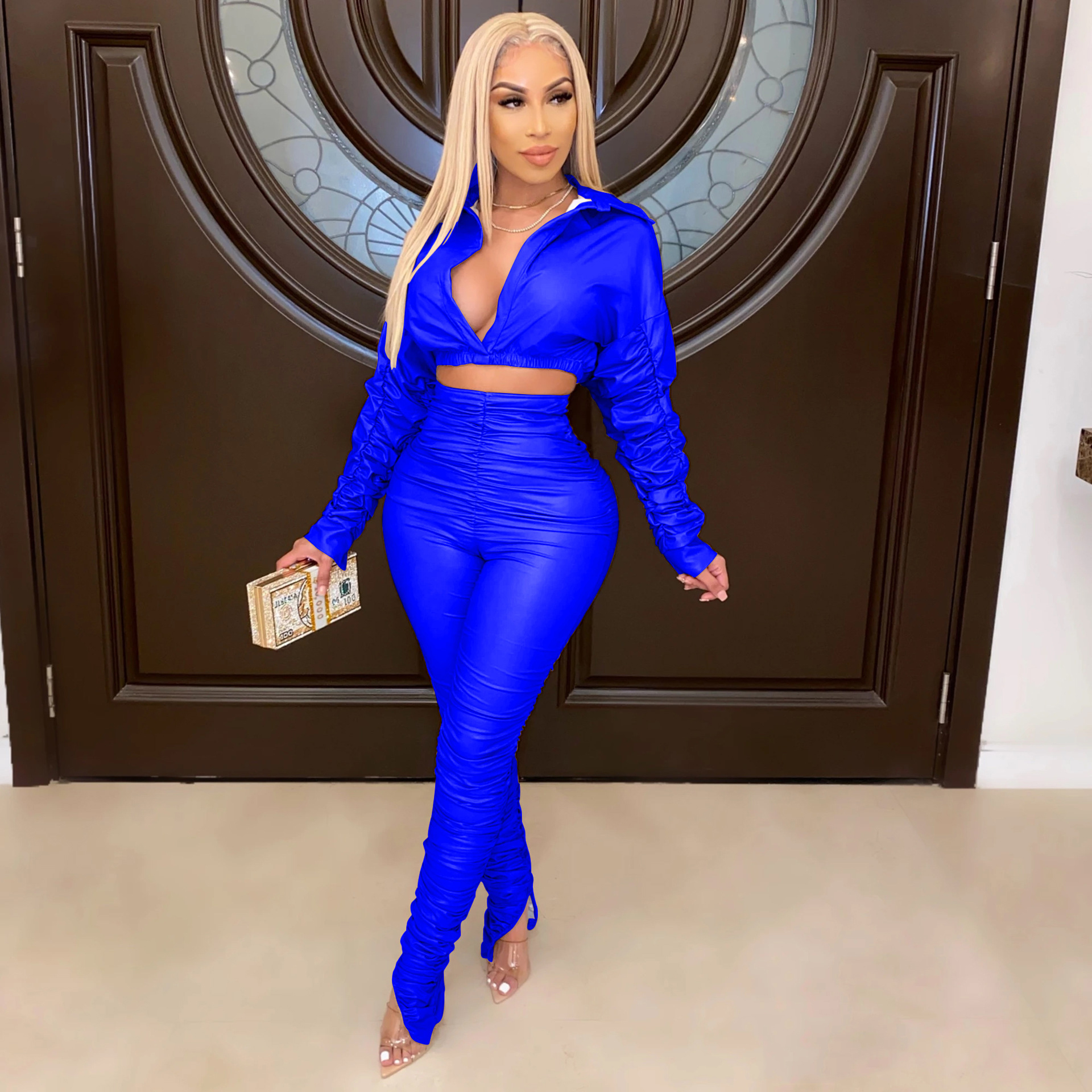 Women's Fashion Casual PU Leather Wrinkled Elastic Autumn And Winter Two-piece Suit