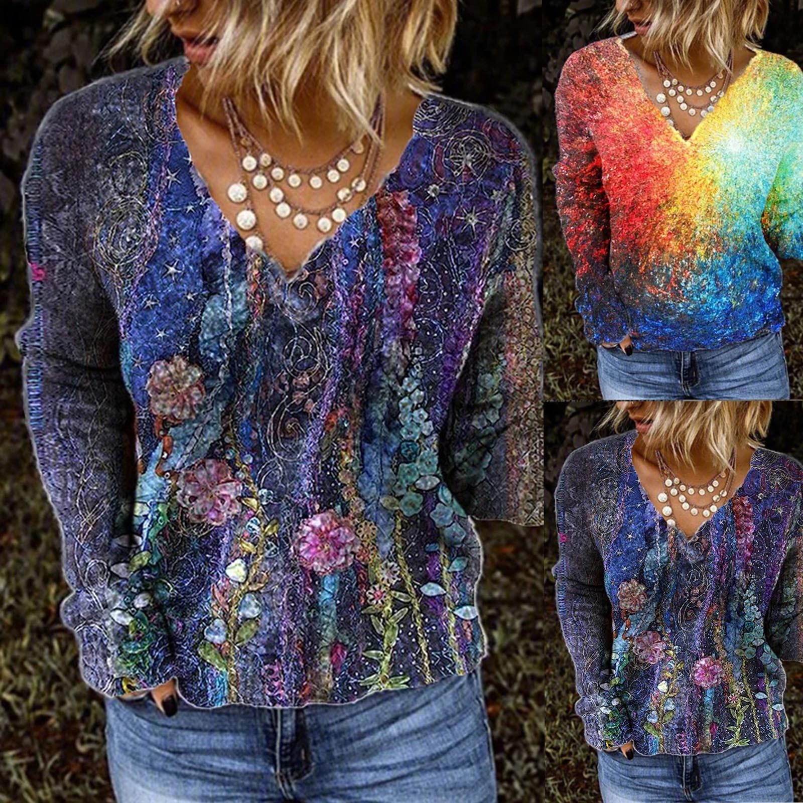 Women's Printed V-neck Long-sleeved Loose Top