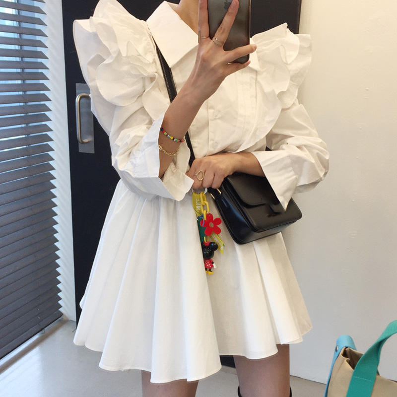 Simple Chic Korea Lapel Stitching Ruffled Pleated Puff Sleeve White Dress 