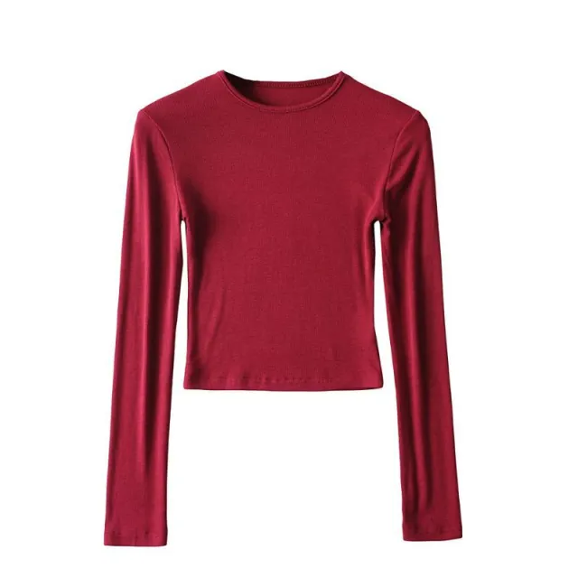 Turtleneck Round Neck Long Sleeve Slim Fit Short High Waist Women's T shirt Red - Shop at LoveMi