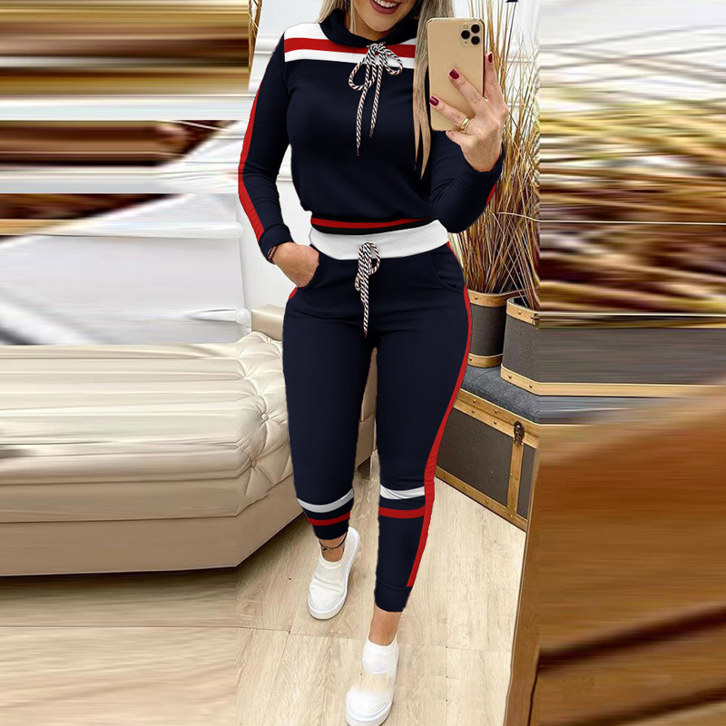 Ladies Blue Color Block Hood Sweater Set