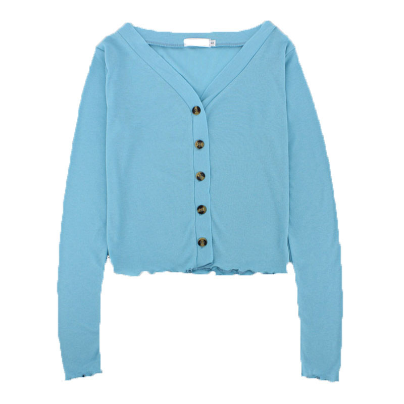 Blue V-Neck Curled Trim Top Spring T-Shirt Small Jacket Women