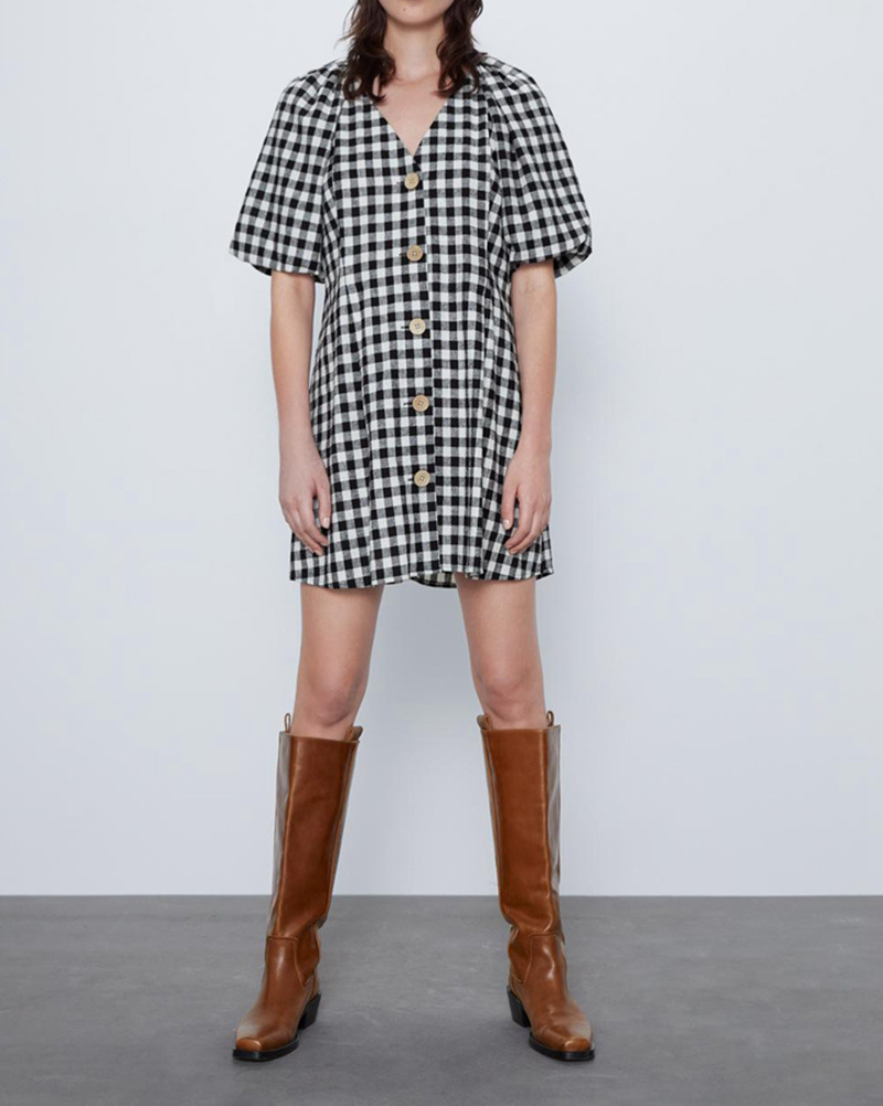 Simple Casual Puff Sleeve Short Skirt Plaid Dress