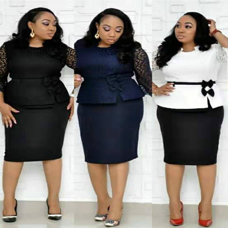 Round Neck Bow Tie Belt Lace Sleeve Plus Size Dress