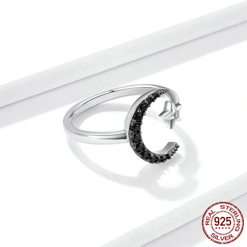 Star Moon Open Ring 925 Silver Black Mysterious Plated Ring