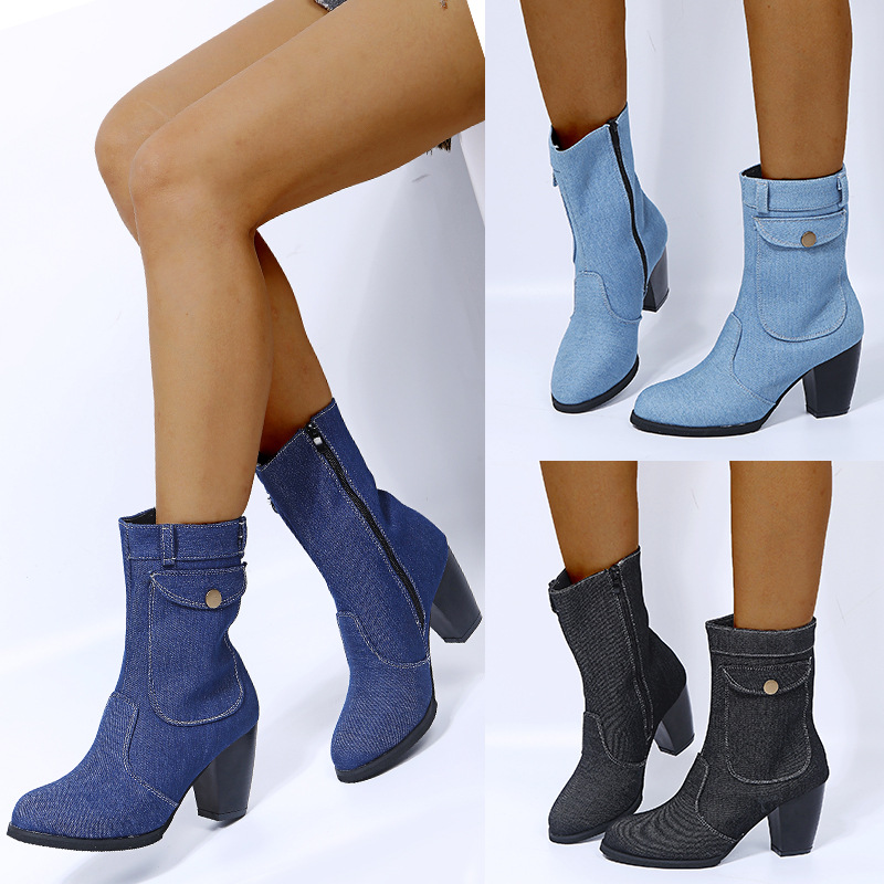 High-heeled Denim Mid-leg Boots For Women