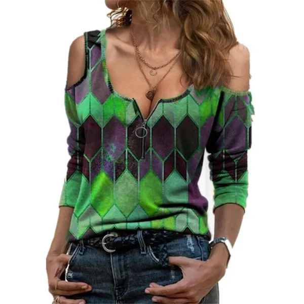 Printed Off Shoulder Long Sleeved T Shirt Green - Shop at LoveMi