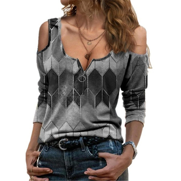 Printed Off Shoulder Long Sleeved T Shirt Grey - Shop at LoveMi
