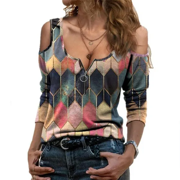 Printed Off Shoulder Long Sleeved T Shirt Pink - Shop at LoveMi
