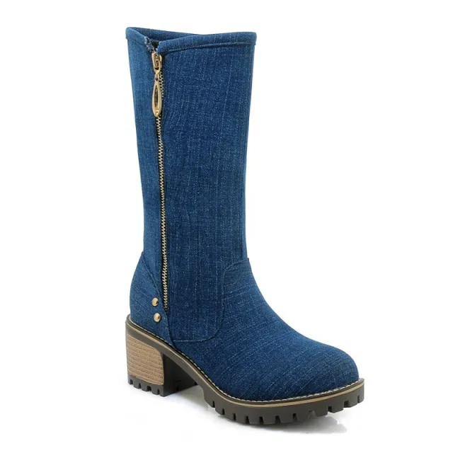 Coarse Heel High Heel Middle Tube Side Zipper Denim Boots Blue - Shop at LoveMi