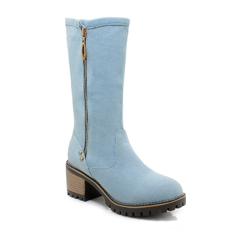 Coarse Heel High Heel Middle Tube Side Zipper Denim Boots