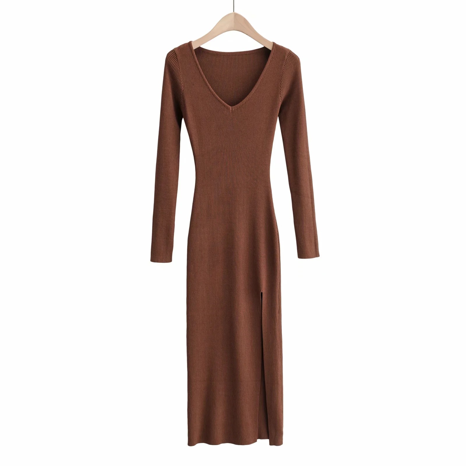 Temperament Slim Slim V-neck Over-the-knee Long Skirt Sexy Side Slit Long-sleeved Knitted Dress