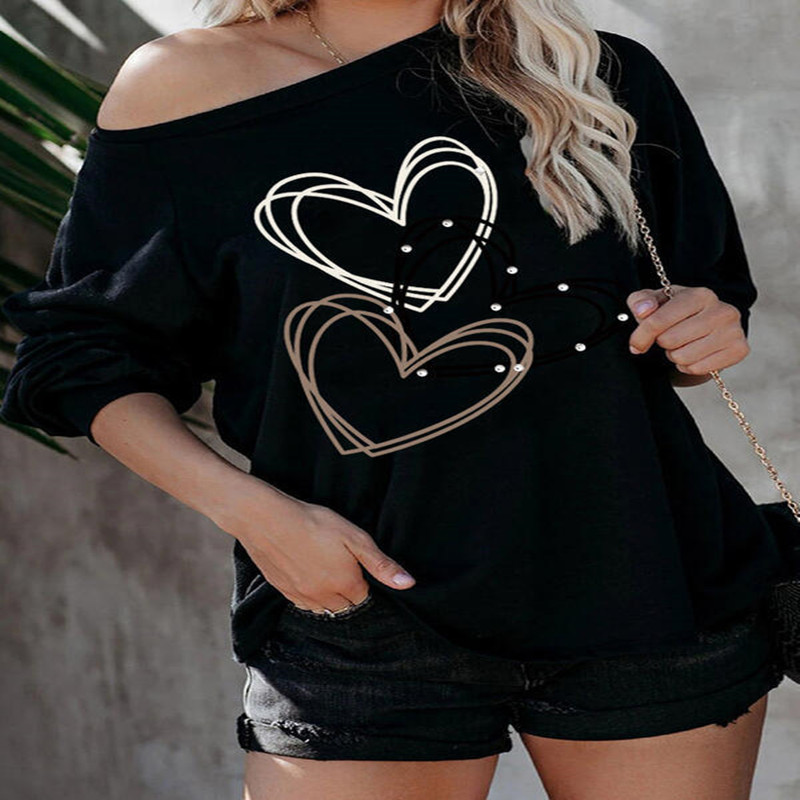 Printed Heart-shaped One-shoulder Long-sleeved Casual Shirt