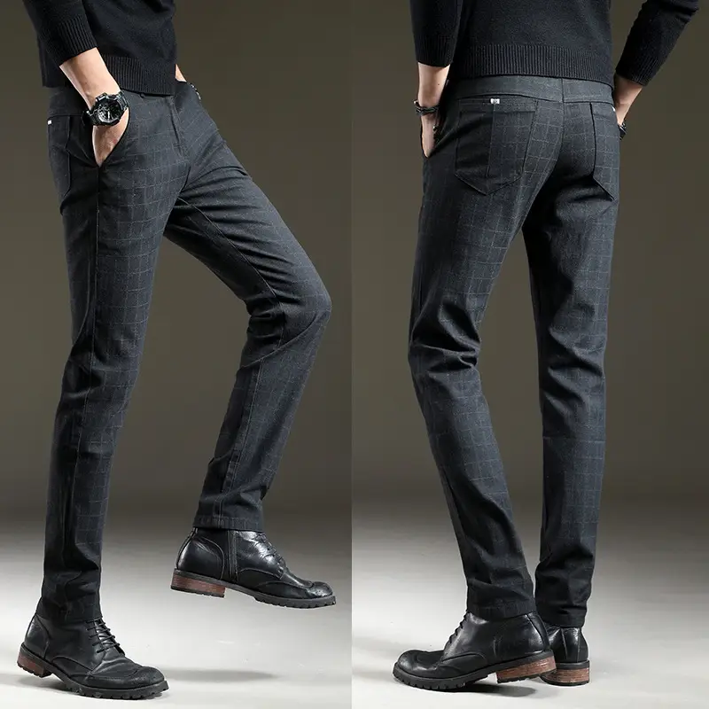 Trendy Stretch Dark Plaid Casual Pants Men