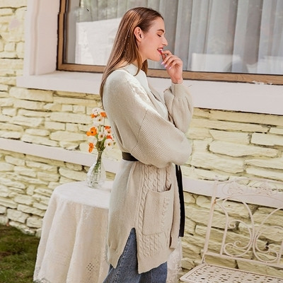 Women Cardigan Elegant V Neck Long Sleeve Sweater Pocket New