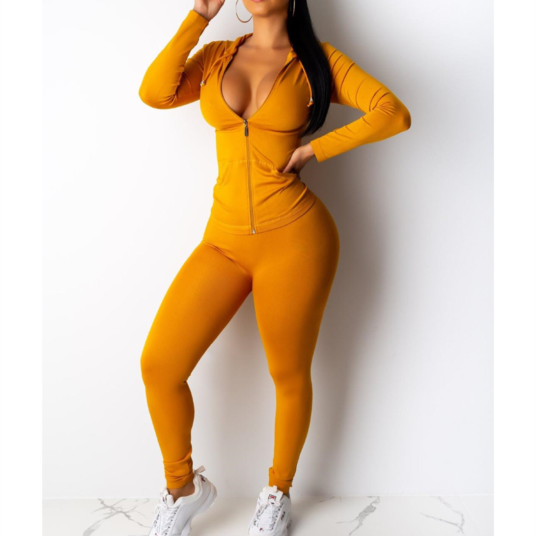 European And American Sexy Casual Solid Color Hooded Two-piece Set