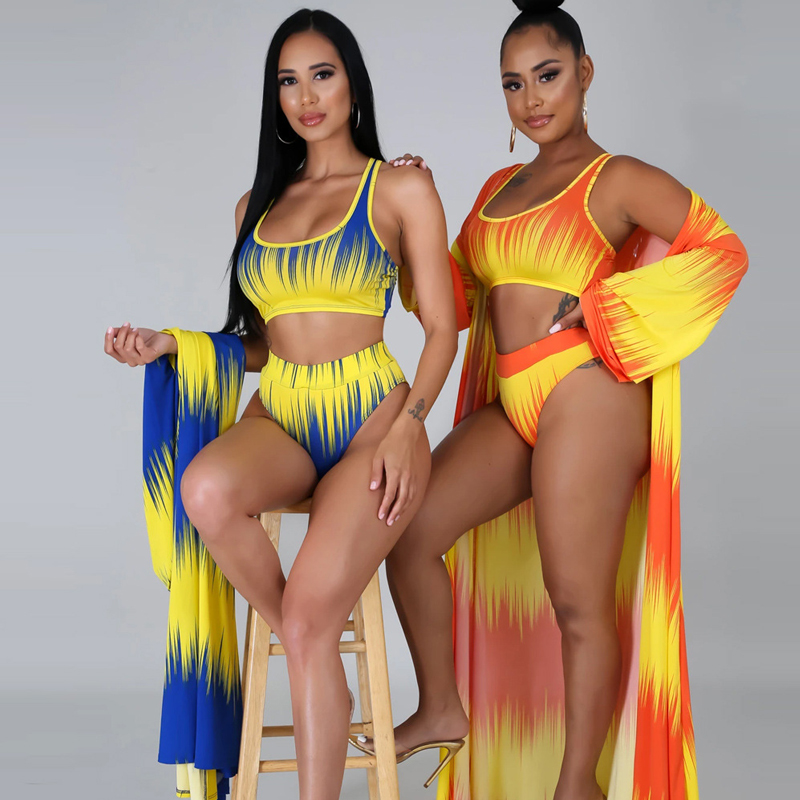 Fashion Sexy Swimsuit Print Split Triangle Bikini Three-Piece Suit