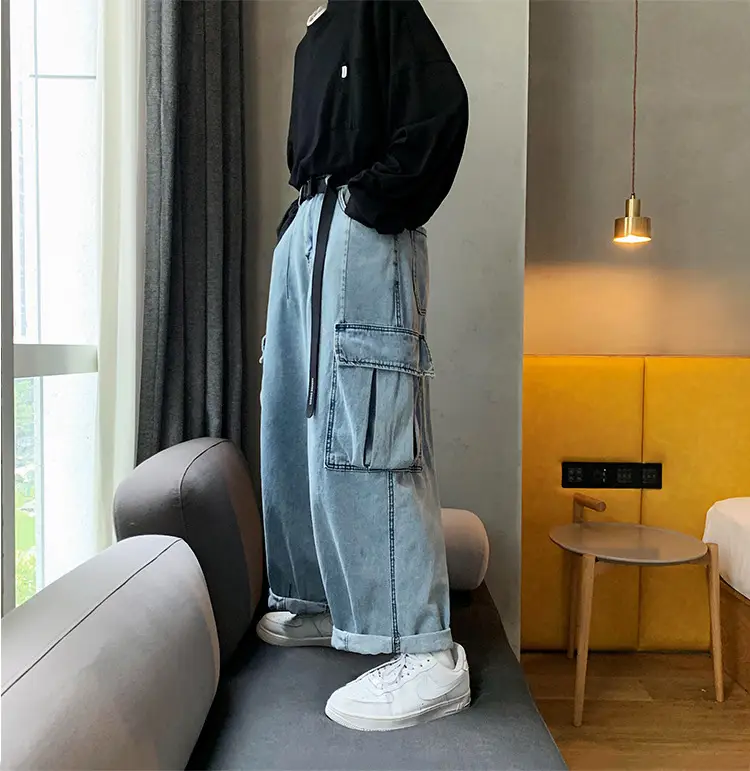 Hong Kong Style Straight Leg Wide-Leg Pants Men's Jeans