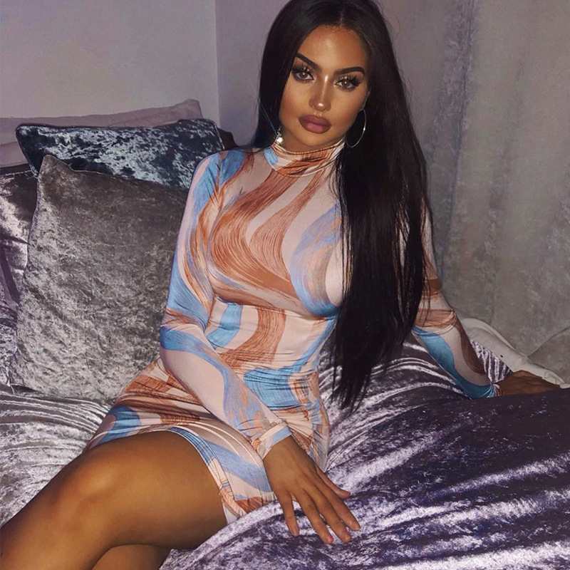 Casual Round Neck Print Split Mid-Length Dress