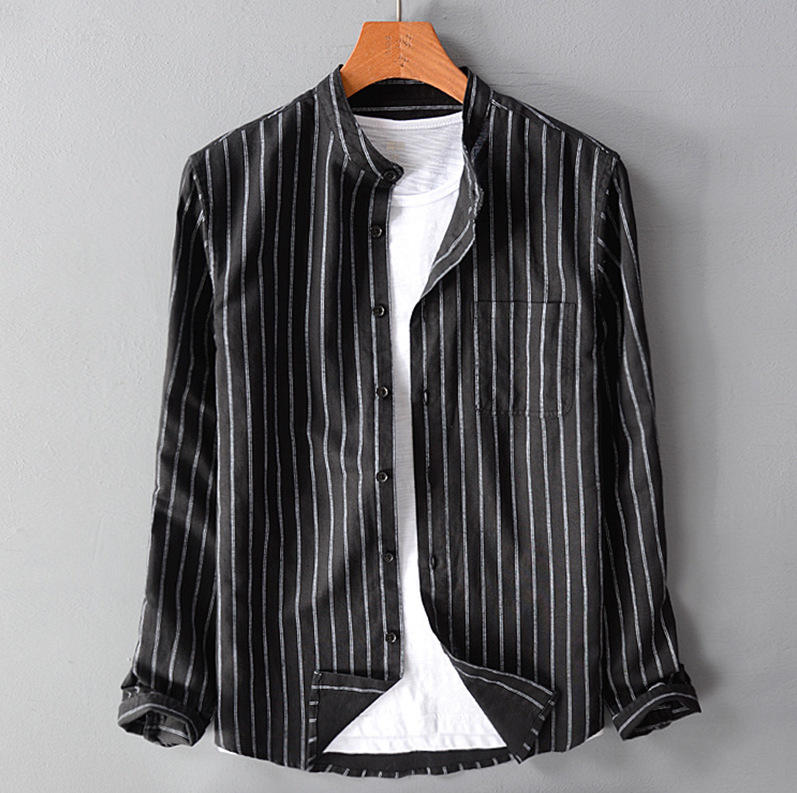 Casual Long Sleeve Striped Stand Collar Men's Shirt